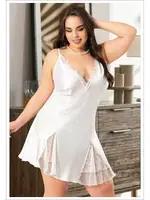 Ekru Tül Yırtmaçlı Büyük Beden Askılı Saten Gecelik Miss Laris 4034 Ekru