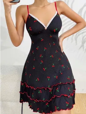 Ruselin Eteği Fırfırlı Kiraz Desenli Askılı Gecelik Ruselin 5110 - Alternatif Görünüm