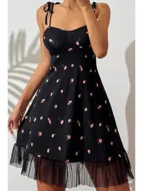 Ruselin Eteği Tül Çiçek Desenli Bağlama Askılı Kısa Gecelik Ruselin 5072