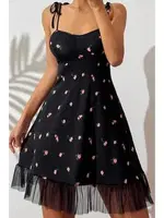 Eteği Tül Çiçek Desenli Bağlama Askılı Kısa Gecelik Ruselin 5072 Siyak