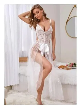 Nathalie Fantezi Dantelli Tül Etekli Beyaz Kadın Gecelik Nathalie T-1748