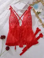 Fantezi Jartiyer Takım Kırmızı Dantelli Ruselin 2234 Kırmızı görsel 6