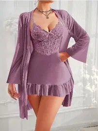 Pink Night Fırfırlı Dantelli Tül Mor Sabahlık Gecelik Takım Pink Night 1537