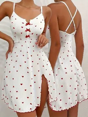 Ruselin Fitilli Kumaş Yırtmaçlı Kurdelalı Kalpli Kısa Gecelik Ruselin 5066