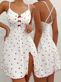 Ruselin Fitilli Kumaş Yırtmaçlı Kurdelalı Kalpli Kısa Gecelik Ruselin 5066