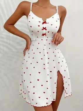 Ruselin Fitilli Kumaş Yırtmaçlı Kurdelalı Kalpli Kısa Gecelik Ruselin 5066 - Alternatif Görünüm