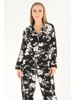 Floral Pattern Uzun Kollu Kadın Pijama Takım DoReMi 002-000080 Siyah detay görünüm
