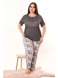 Lady Füme Çiçek Desenli Kadın Kısa Kol Büyük Beden Pijama Takımı Lady 10961