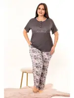 Füme Çiçek Desenli Kadın Kısa Kol Büyük Beden Pijama Takımı Lady 10961