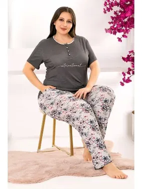 Lady Füme Çiçek Desenli Kadın Kısa Kol Büyük Beden Pijama Takımı Lady 10961 - Alternatif Görünüm
