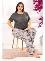 Füme Çiçek Desenli Kadın Kısa Kol Büyük Beden Pijama Takımı Lady 10961 detay görünüm