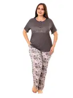 Füme Çiçek Desenli Kadın Kısa Kol Büyük Beden Pijama Takımı Lady 10961 farklı açı