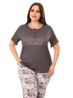 Füme Çiçek Desenli Kadın Kısa Kol Büyük Beden Pijama Takımı Lady 10961 görsel 4