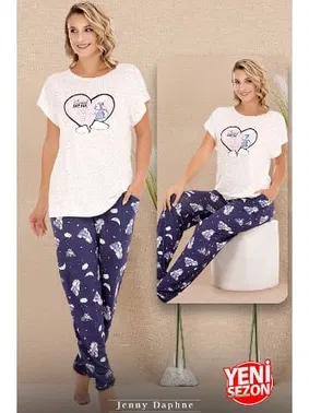 Lady Gece Desenli Bisiklet Yaka Kısa Kol T-Shirt Pijama Takımı Lady 12584