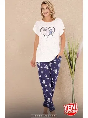 Lady Gece Desenli Bisiklet Yaka Kısa Kol T-Shirt Pijama Takımı Lady 12584 - Alternatif Görünüm