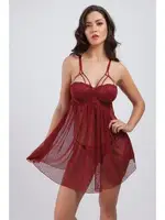 Destekli Puantiyeli Balensiz Dantelli Gecelik Büşra 730 Bordo