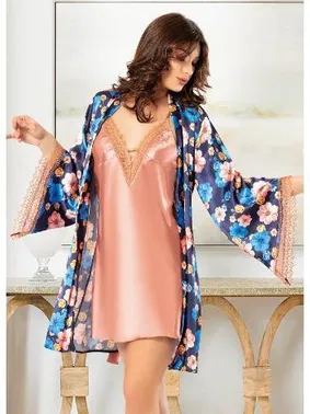 Miss Laris Geniş Kol Çiçek Desenli Saten Askılı Gecelik Sabahlık Takım Miss Laris 5005