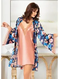 Miss Laris Geniş Kol Çiçek Desenli Saten Askılı Gecelik Sabahlık Takım Miss Laris 5005
