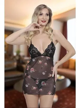 SHE Göğsü Dantelli Transparan Çiçekli Fantezi Gecelik SHE 1342