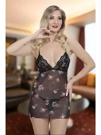 SHE Göğsü Dantelli Transparan Çiçekli Fantezi Gecelik SHE 1342