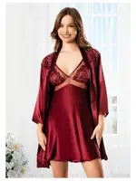 Göğsü Transparan Dantelli İnce Askılı Gecelik Uzun Kollu Saten Sabahlık Takımı Miss Laris 5066 Bordo