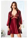 Göğsü Transparan Dantelli İnce Askılı Gecelik Uzun Kollu Saten Sabahlık Takımı Miss Laris 5066