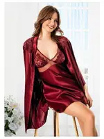 Göğsü Transparan Dantelli İnce Askılı Gecelik Uzun Kollu Saten Sabahlık Takımı Miss Laris 5066 detay görünüm