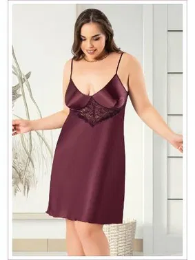 Miss Laris Göğüs Altı Dantelli İnce Askılı Büyük Beden Saten Gecelik Miss Laris 4043 - Alternatif Görünüm