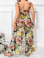 Göğüs Büzgülü Çiçek Desenli Büyük Beden İnce Askılı Pijama Takımı Pink Night 6953 Yeşil detay görünüm