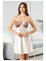 Göğüs Çiçek Desenli İnce Askılı Kısa Saten Gecelik Miss Laris 2134 Krem