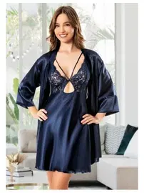 Miss Laris Göğüs Dekolteli İnce Askılı Gecelik Uzun Kollu Saten Sabahlık Takımı Miss Laris 5075