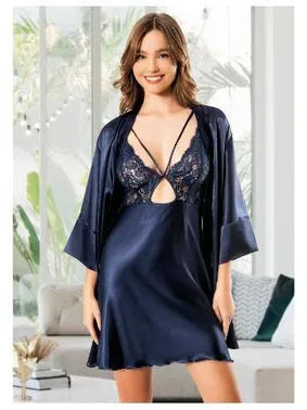 Miss Laris Göğüs Dekolteli İnce Askılı Gecelik Uzun Kollu Saten Sabahlık Takımı Miss Laris 5075 - Alternatif Görünüm