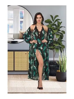 İzabel Göğüs Dekolteli Yaprak Desenli Uzun Sabahlık Gecelik Takımı İzabel US-6012