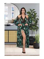 Göğüs Dekolteli Yaprak Desenli Uzun Sabahlık Gecelik Takımı İzabel US-6012