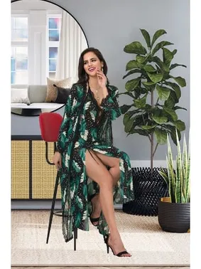 İzabel Göğüs Dekolteli Yaprak Desenli Uzun Sabahlık Gecelik Takımı İzabel US-6012 - Alternatif Görünüm