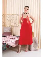 Göğüs Kısmı transparan Uzun Büyük Beden Gecelik Takımı İzabel 5004 Kırmızı