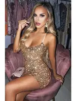 Gold Payetli Işıltılı Seksi Kulüp Midi Elbise Pink Night 1138 Altın