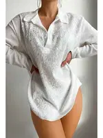 Gömlek Görünümlü Likralı Plaj Elbisesi Pareo Cover Up Kimono Angelsin MS 4384 Beyaz Beyaz