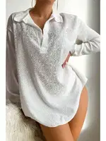 Gömlek Görünümlü Likralı Plaj Elbisesi Pareo Cover Up Kimono Angelsin MS 4384 Beyaz Beyaz farklı açı