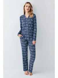 Arnetta Gömlek Yaka Düğmeli Uzun Kollu Desenli Kadın Pijama Takımı Arnetta 3401-S