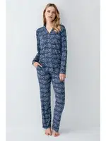 Gömlek Yaka Düğmeli Uzun Kollu Desenli Kadın Pijama Takımı Arnetta 3401-S Mavi