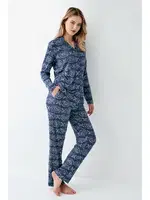 Gömlek Yaka Düğmeli Uzun Kollu Desenli Kadın Pijama Takımı Arnetta 3401-S Mavi detay görünüm