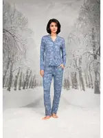 Gömlek Yaka Düğmeli Uzun Kollu Kadın Pijama Takım Doreanse 26K4106 Mavi