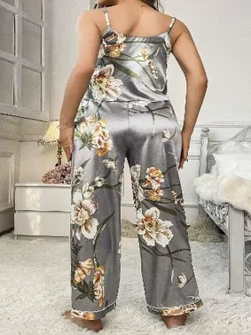 Pink Night Gri Çiçekli Desenli Askılı Büyük Beden Kadın Pijama Takım Pink Night 6903 - Alternatif Görünüm