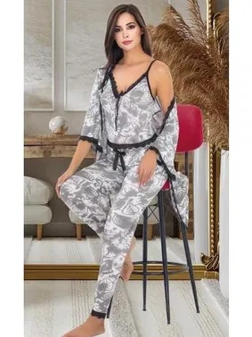 İzabel Gri Desenli Sabahlıklı Pijama Takımı İzabel SB-5010 - Alternatif Görünüm