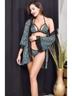 İzabel Gri Leopar Sabahlıklı Tanga Sütyen Takım İzabel TS-0914