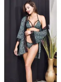 İzabel Gri Leopar Sabahlıklı Tanga Sütyen Takım İzabel TS-0914