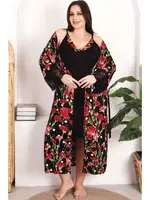 Gül Desen Viskon 2li Lüks Gecelik Sabahlık Takımı Lady 19224 Siyah görsel 4