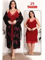 Gül Desenli 2li Lüks Gecelik Sabahlık Takımı Lady 19226 Kırmızı