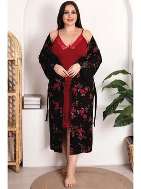 Lady Gül Desenli 2li Lüks Gecelik Sabahlık Takımı Lady 19226 - Alternatif Görünüm